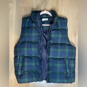 L.A.B Studio Puffer Vest Winter Plaid Green Blue‎ Front Zip Pockets Women's Sz L
